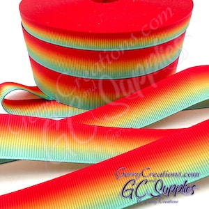 Ombre - Red Orange Yellow Turquoise - USDR Grosgrain Ribbon 7/8”, 5/8” & 3/8” Ombre Red Orange Yellow Turquoise - Foxy Collection