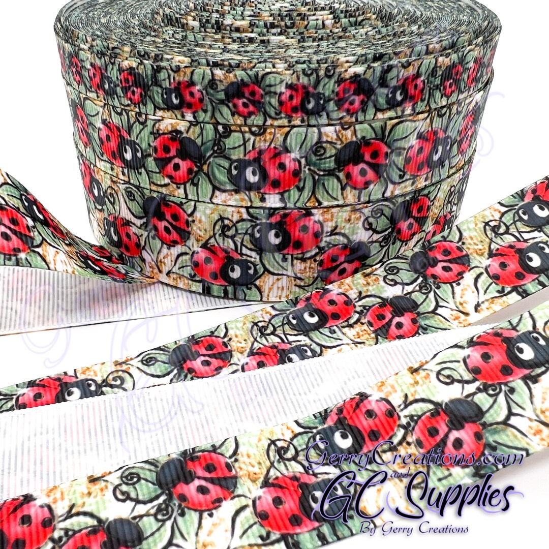 Ladybugs on Leaves - USDR Grosgrain Ribbon 7/8”, 5/8” & 3/8” Red With ...