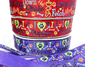 I Love Puppies - USDR Grosgrain Ribbon 7/8” Puppy Paws, Love and Good Dog talk Speak Fetch Sit Shake bones