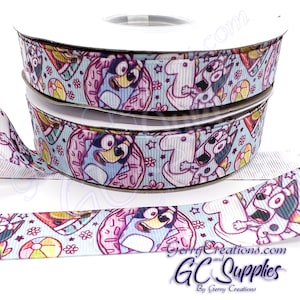 Summer Heeler Pups - USDR Grosgrain Ribbon 7/8” & 5/8” Heeler dogs in the swimming pool with unicorn muffin donut floaties Blue Dog Bingo