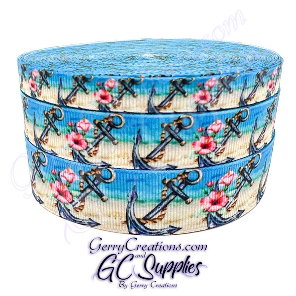 Seashore - USDR Grosgrain Ribbon 7/8”, 5/8” & 3/8” Beach with beautiful flower around an anchor with rope, Starfish and Shells