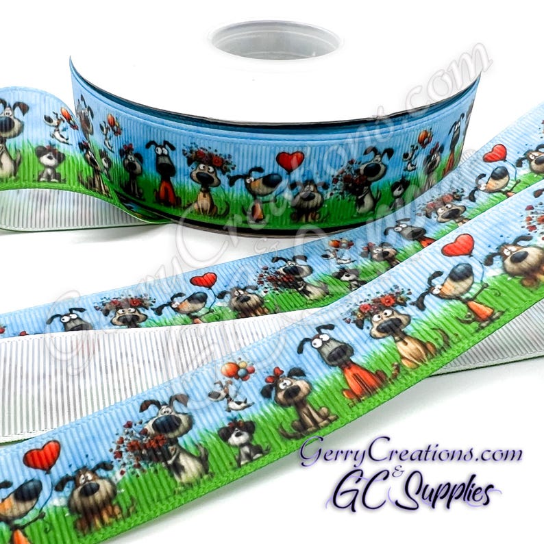 Dogs - USDR Grosgrain Ribbon 7/8”, 5/8” & 3/8” Fun Dogs in a Grass ...