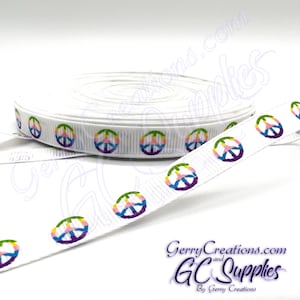 Grosgrain Ribbon 3/8” rainbow ink peace sign on white