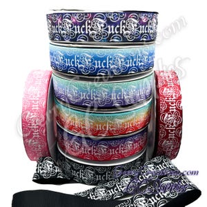 Adult Words - Cursive Fuck - USDR Grosgrain Ribbon 7/8” Fancy Cuss Fuck words in White ink and glitter, perfect for Keyfobs and collars