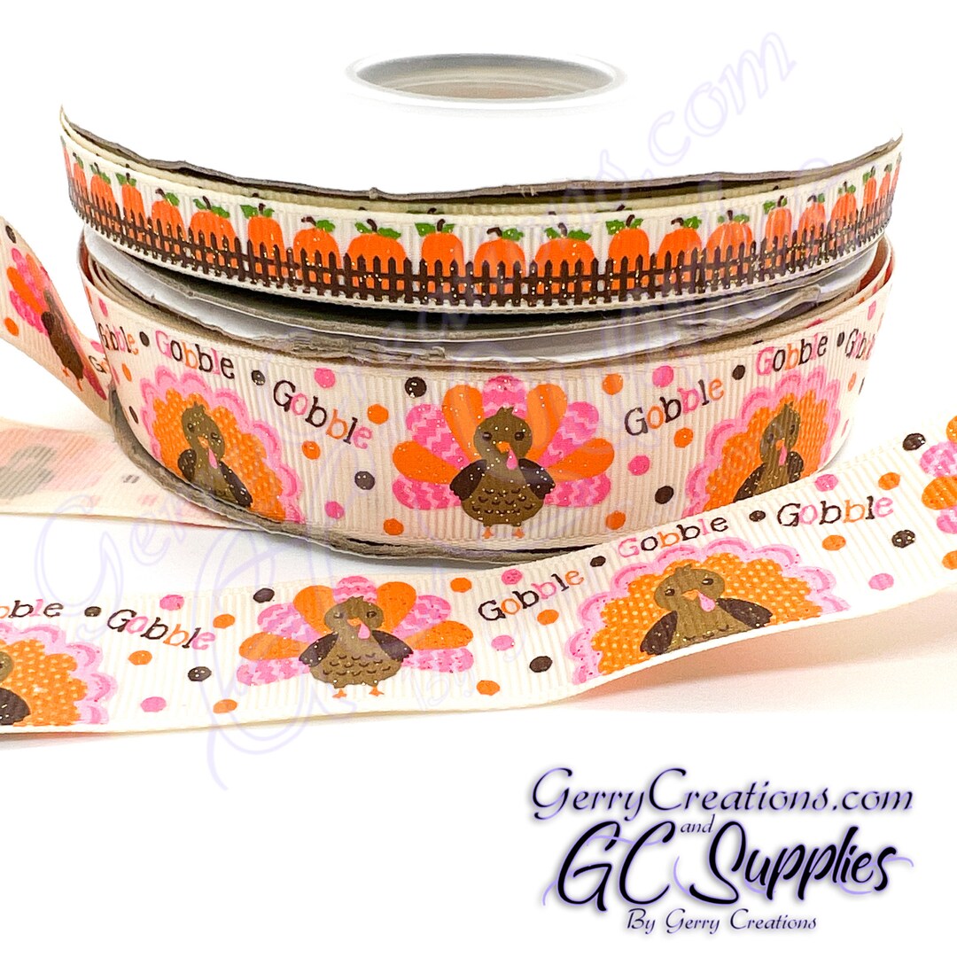 Turkey - USDR Grosgrain Ribbon 7/8” Turkey Gobble With Light Gold ...