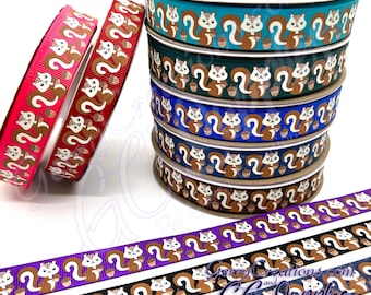 Squirrels and Acorns - USDR Grosgrain Ribbon 7/8” & 5/8” Cute brown and cream ink squirrels with glitter acorn nuts perfect for fall collars