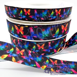 Bright Butterflies - Black - USDR Grosgrain Ribbon 7/8”, 5/8” & 3/8” Neon Rainbow butterflies on black