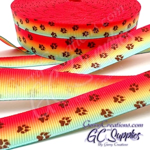 Fox Paw Prints - USDR Grosgrain Ribbon 5/8” & 3/8” Fox Paw Prints Ombre Red Orange Yellow Turquoise - Foxy Collection