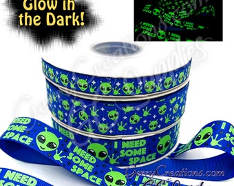 USDR Grosgrain Ribbon 7/8” & 3/8” Glow in the Dark Aliens on Blue I Need Space perfect for dog collars and leashes