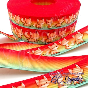 Cute Fox Cubs - USDR Grosgrain Ribbon 7/8” & 5/8” Cute Fox cub on Ombre Red Orange Yellow Turquoise - Foxy Collection