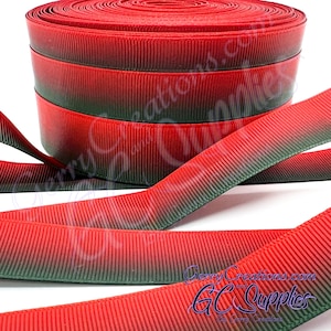 Ombre - Red Dark Green - USDR Grosgrain Ribbon 7/8”, 5/8” & 3/8” Ruby Red going into a Deep Forest Green Ombre
