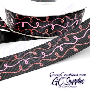 Pink Red Glitter Doodles - USDR Grosgrain Ribbon 7/8” Pink and red glitter doodles and wiggles on solid black background