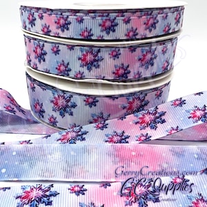 Glistening Pretty Snowflakes - Ombre - USDR Grosgrain Ribbon 7/8”, 5/8” & 3/8” Beautiful blue pink snowflakes on ombre