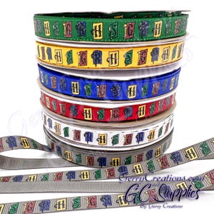 May include: A stack of eight rolls of colorful ribbon with a Harry Potter theme. Each ribbon features a repeating pattern of the Hogwarts house crests and the letter "H" in gold glitter. The ribbon is available in green, yellow, blue, red, white, and gray.