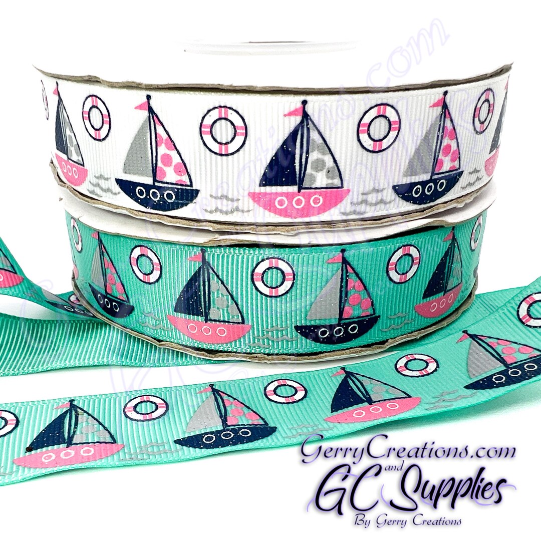 Sailboats - Tropic or White - USDR Grosgrain Ribbon 7/8” Simple Sail ...