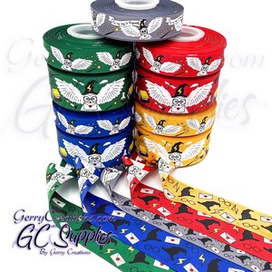 May include: A stack of colorful ribbon featuring a Harry Potter themed design with owls, stars, lightning bolts, glasses, and envelopes. The ribbon is available in green, red, yellow, blue, and gray.