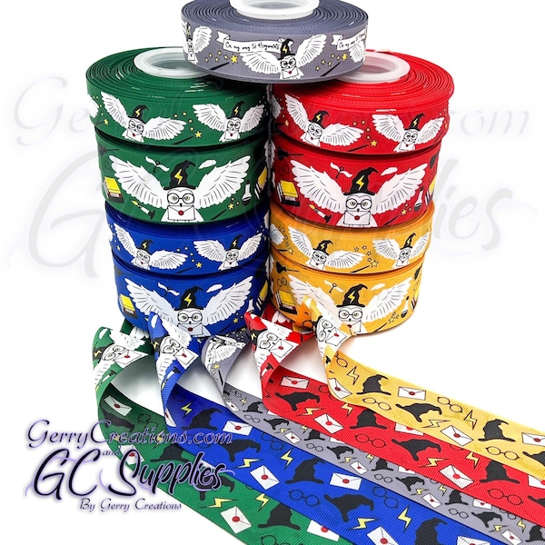 USDR Grosgrain Ribbon 1.5” & 7/8” wizard potions owl letter red yellow blue green grey