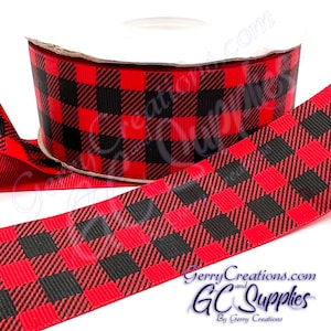 Buffalo Plaid - Red - USDR Grosgrain Ribbon 1.5” Black on Red ink silk screen printed