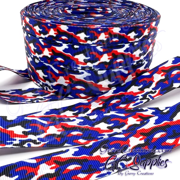 Patriotic Camo - USDR Grosgrain Ribbon 7/8”, 5/8” & 3/8” red white blue Camo double sided