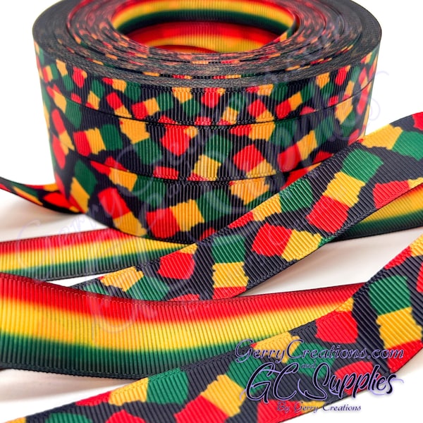 Juneteenth - USDR Grosgrain Ribbon 7/8”, 5/8” & 3/8” Rasta Colors Red Yellow Green on black background