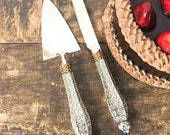 Cake Server And Knife Cutting Set, Silver Or Gold Color With Glass Rhinestones