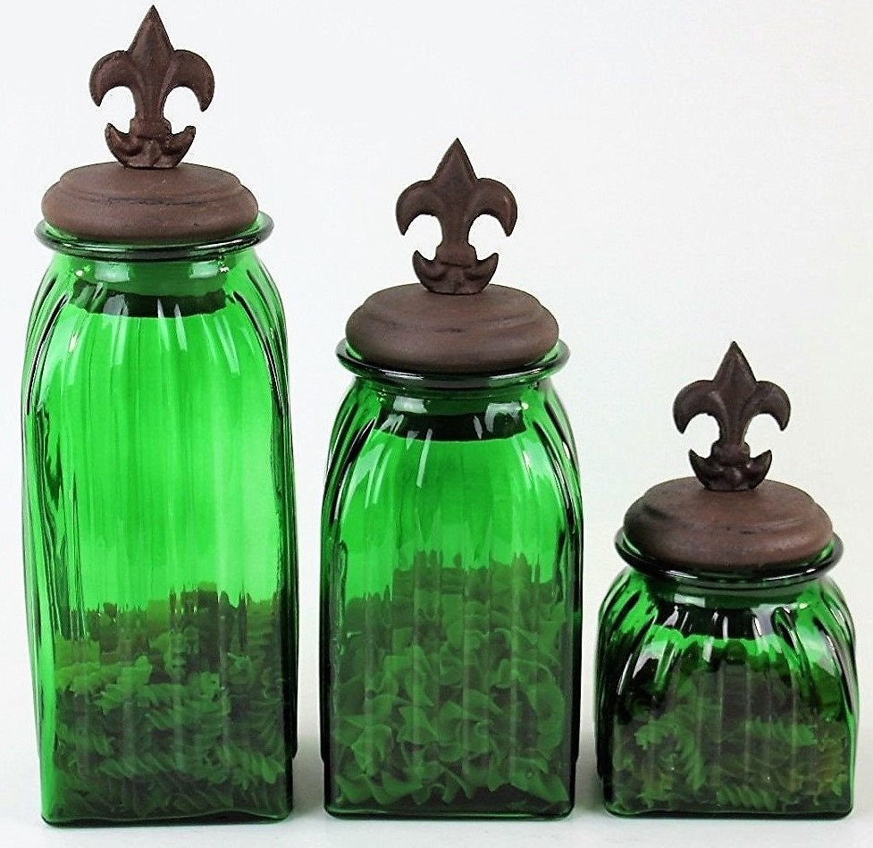 Green Glass Canisters Set/3 With TopsFREE Salt & Pepper Etsy