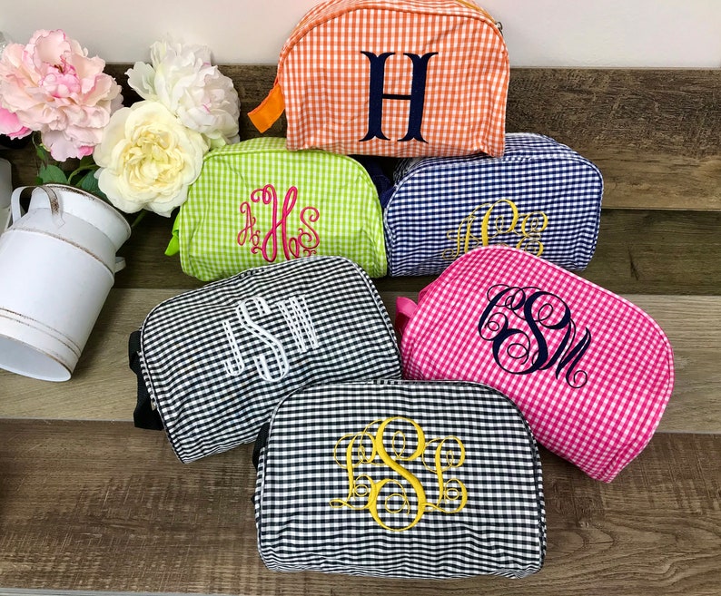 Monogrammed Gingham Cosmetic Bag Personalized Toiletry Bag Etsy