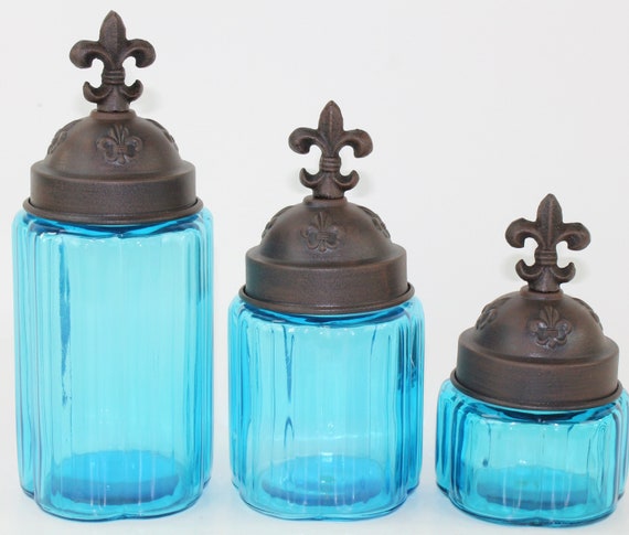 GLASS CANISTERS SET GREEN 3PC FLEUR DE LIS, COPPER FREE SALT /& PEPPER