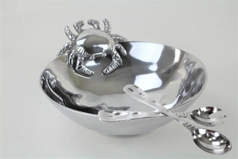 India Round Crab Design Pewter Bowl With Server Set