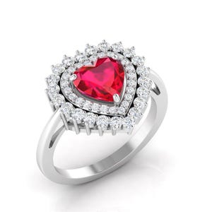 Wonderful Red Heart-Shaped Red Ruby Ring with Cubic Zirconia Accents | 925 Sterling Silver | Elegant Romantic Jewelry | Gift for Her