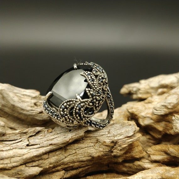 Bague Ancienne En Argent 925 - Pierres Précieuses (Quartz, Obsidienne, Tanzanite) - Taille Réglable
