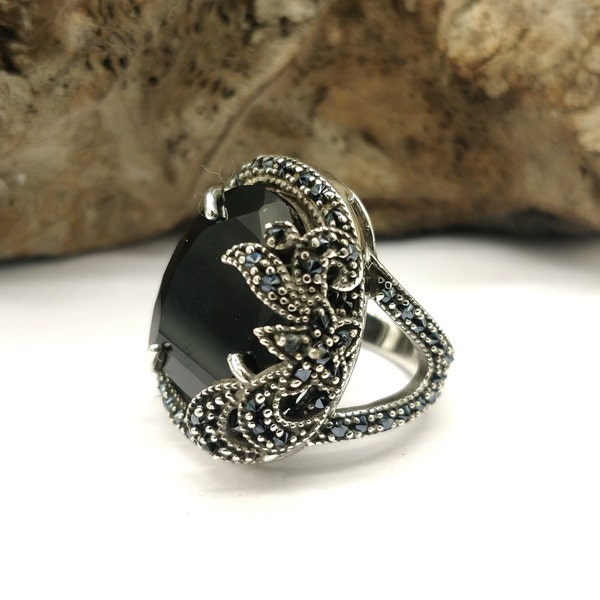 Solid 925 Sterling Silver Ring, Black Marcasite Ring, Big Black Stone Designer Ring, Large Silver Ring, Gift for her Ring, Anniversary Ring