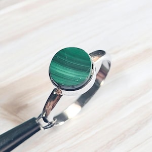 Flat Round Malachite Ring, Dainty Ring, Natural Gemstone Ring, Minimalist Ring For Her Sterling Silver, Handmade Jewelry Gift For Her Ring