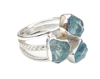Raw Aquamarine Gemstone Ring with Hammered 925 Sterling Silver Band | Handmade Unique Silver Jewelry