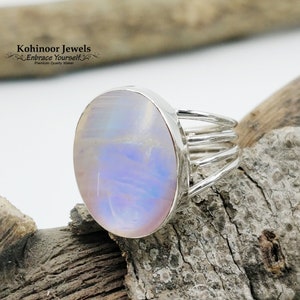 Anillos de piedra lunar arcoíris en plata de ley 925 para mujer. Joyas de dama de honor con piedra de nacimiento de junio. Anillos hechos a mano. Regalos para madres.