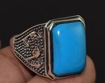 Solid 925 Sterling Silver Rings, Rings For Mens Sleeping Beauty Turquoise Stone Emerald Shape Stone, Vintage Rings , Gift For HIM KGJ-R-1113