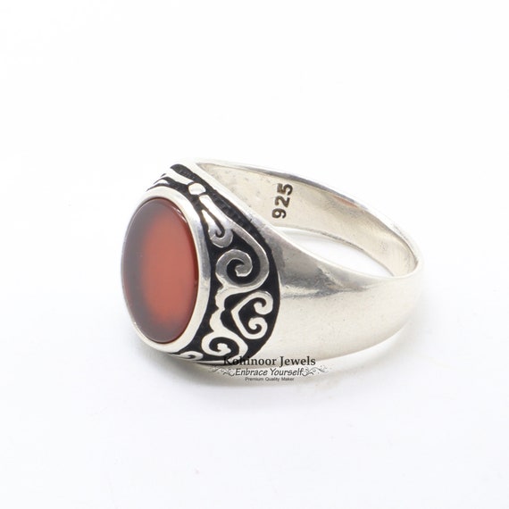 Bague Homme Argent 925 Avec Cornaline Rouge - Taille 71, Plaque Carrée Lisse, Fait Main, Bon état