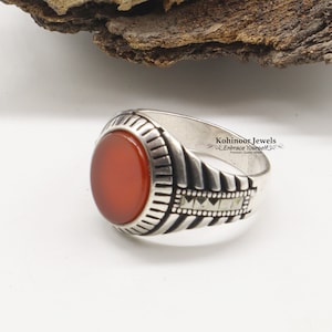 Silver Handmade Ring 925k Sterling Silver Red Carnelian GemStone Ring Men&#39;s Ring with Round Stones Outstanding Gift KCR015