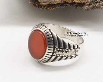 Silver Handmade Ring 925k Sterling Silver Red Carnelian GemStone Ring Men's Ring with Round Stones Outstanding Gift KCR015