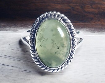 Prehnit Sterling Silber Ring, Geschenk für sie, natürlicher grüner Prehnit, handgemachter Edelstein Schmuck, Geburtstagsgeschenk, Boho Ring, Statement Ring