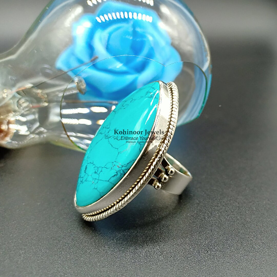 Boho Turquoise Ring, Silver Turquoise Ring, Long Turquoise Ring, 925 ...