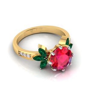 Vintage-Inspired Gold-Plated Sterling Silver Ring with Round Ruby & Multi-Gemstone Floral Design, Gift for Her Silver Valentine Gift Ring