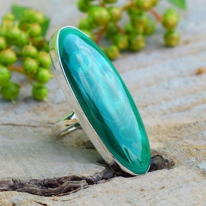 Natural Malachite Sterling Silver Ring - Bold Long Design for a Stunning Statement | Handcrafted Sterling Silver Malachite Ring