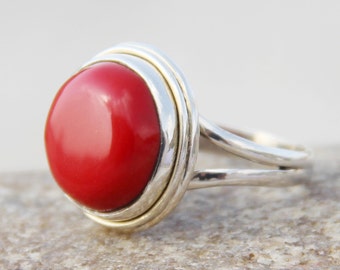925 Sterling Silber Ring * Runder Korallenstein * Geschenk für ihre Ringe * Schöne handgefertigte Ringe * Valentinstag Geschenke Statement Ring