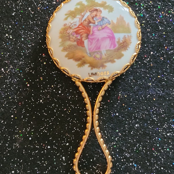 Vintage Limoges French Porcelain Hand/Pocket Mirror with "Courting Scene"