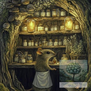 May include: An illustration of a mouse wearing a white apron, standing in a wooden apothecary shop. Shelves are filled with glass jars and bottles. The shop is nestled inside a tree trunk, with a small painting of a tree in the corner.