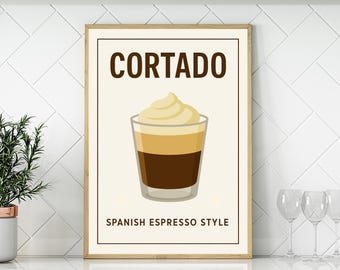 Affiche Cortado, art mural café, décoration de café, impression d'espresso espagnol, oeuvre d'art Cortado minimaliste, cadeau pour les amateurs de café de barista