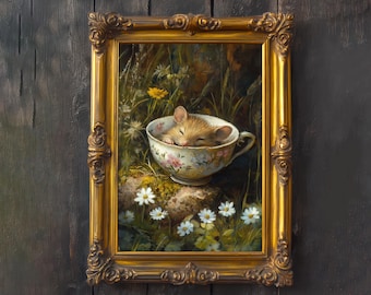 Dormouse in a Teacup Cottagecore Print Poster Vintage Animal Art Dark Academia Decor Antique Illustration Enchanted Whimsical Cottagecore