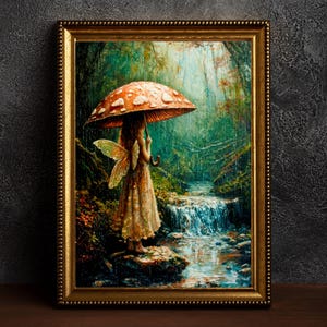Fairy Holding Mushroom Umbrella Poster Enchanted Woodland Artwork Magical Nature Illustration Cottagecore Wall Art Whimsical Fantasy Print
