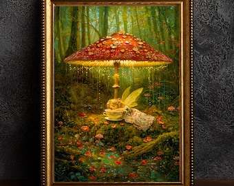 Fairy Sleeping Poster Enchanted Woodland Artwork Magical Nature Illustration Cottagecore Wall Art Whimsical Fantasy Print Vintage Fairycore